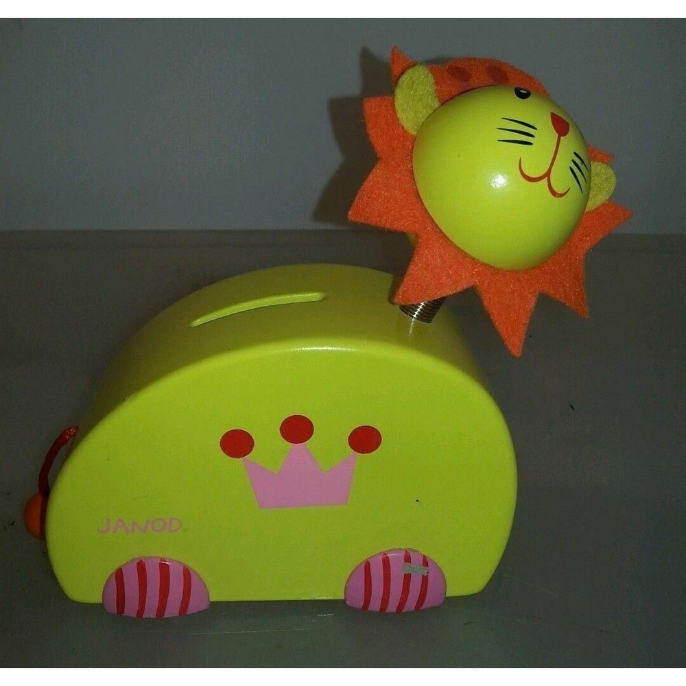 JANOD JOUETS FRANCE WOODEN YELLOW LION COIN BANK  PRESCHOOLERS SAVINGS TRAINING